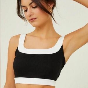 Express Body Contour Stretch Cotton Tipped Square Neck Crop Black White Tank XS